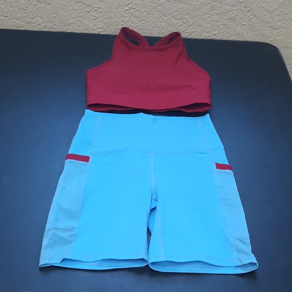 Powerhold By Fabletics Red and Blue Athletic Gym Workout Set